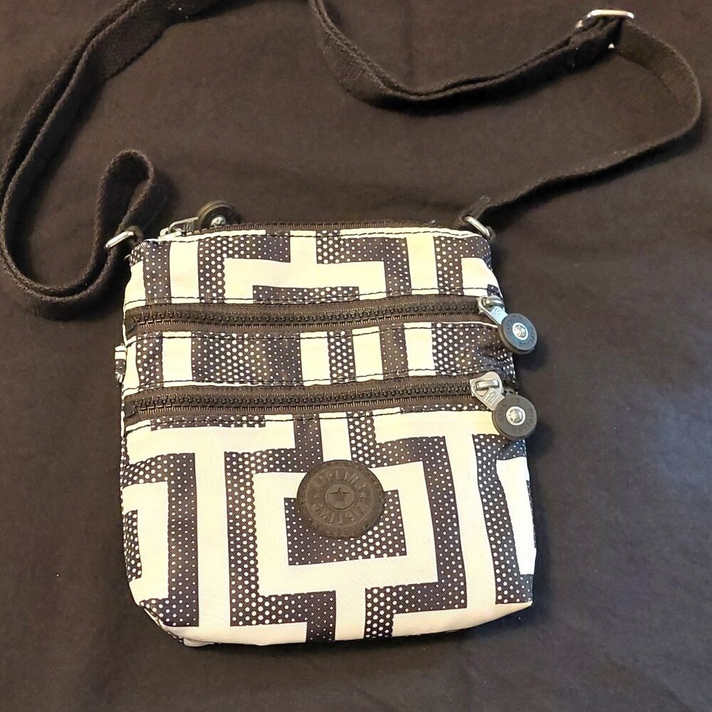 Kipling Crossbody Mini Handbag Geometric Black/White With Fabric Strap